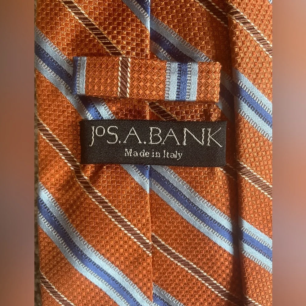 Jos A Bank 100% Silk Orange Blue Stripe Tie Made in Italy 59”